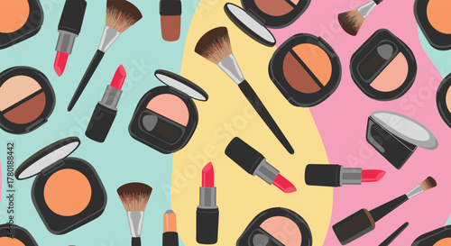 Vibrant seamless pattern with an assortment of makeup and beauty products like lipsticks, brushes, and compacts on a stylish multi-colored background.