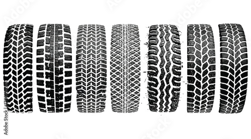 A diverse collection of tire tread patterns, showcasing various designs for different terrains and vehicle types, , offering a glimpse into automotive engineering