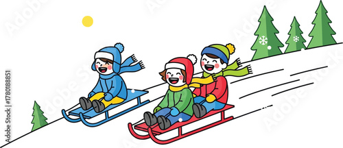 Children joyfully sledding down a snowy hill on a bright winter day cartoon style