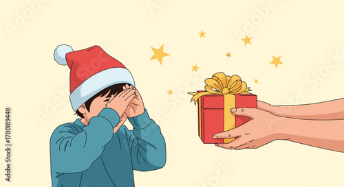 A child in a Santa hat covers their eyes in anticipation of a surprise Christmas present being offered by a hand, surrounded by sparkling stars.