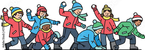 Group of children having a fun snowball fight outside in the winter snow day