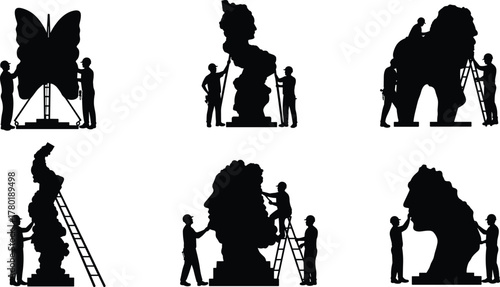Artists and workers creating large outdoor sculptures, installing artistic statues and monuments with ladders, teamwork, creativity, and public art construction