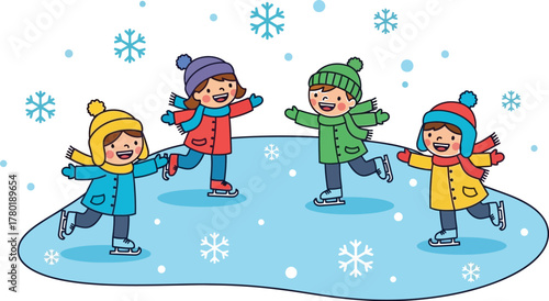 Children happily ice skating on a winter day with snowflakes falling around them