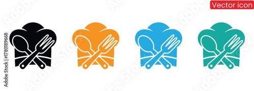 Colorful chef hat icon set for restaurants, food brands, and catering services,Chef hat flat icon set. Chef hat black vector illustration, chef hat silhouettes, kitchen silhouettes.