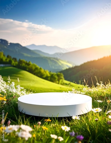 Fototapeta Naklejka Na Ścianę i Meble -  A white podium sits in a field of wildflowers against rolling green hills and a bright sunlit sky