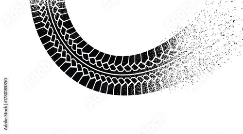 A curved tire track imprint, fading into particles, suggesting motion and wear, ideal for automotive and dynamic design projects