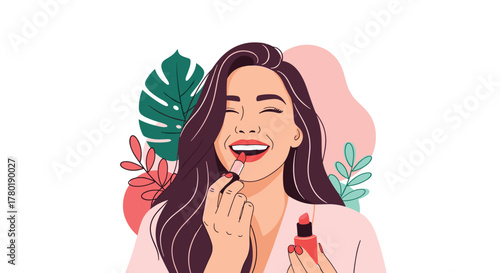 A joyful woman with a radiant smile applies red lipstick, surrounded by lush tropical leaves and abstract shapes, embodying beauty and self-care.