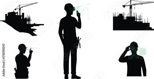 Construction engineer using augmented reality smart glasses to visualize building plans on site with digital technology and modern architectural innovation