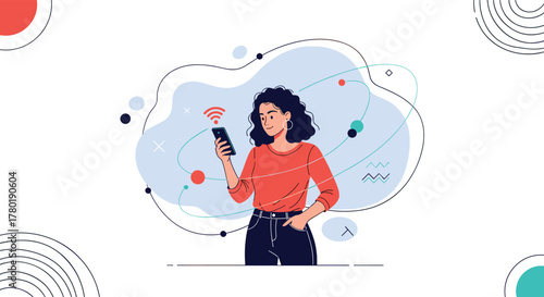 A modern woman uses her smartphone for wireless communication, surrounded by abstract digital elements symbolizing internet connectivity and global networking.