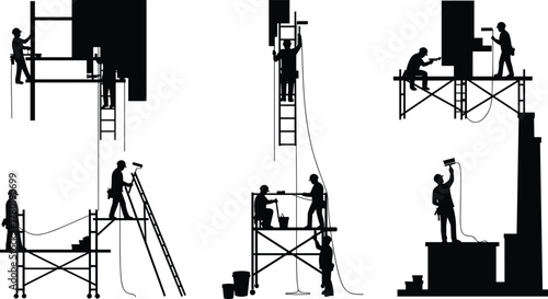 Construction painters working on scaffolding, painting walls and industrial structures using safety gear, teamwork, and professional building maintenance techniques