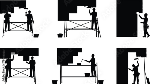 Construction painters working on scaffolding, painting walls with rollers, renovation and maintenance labor silhouettes, home improvement and building painting concept