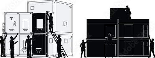 Construction workers assembling modular housing units with cranes and ladders, modern prefabricated building installation, efficient architecture and engineering teamwork concept
