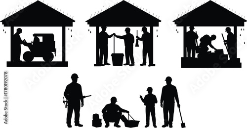 Construction workers building water well under shelter, teamwork on rural project, digging, mixing materials, manual labor and civil engineering concept