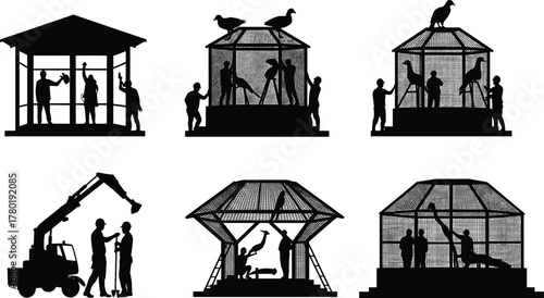 Construction workers building metal bird cages, teamwork with tools and machinery, aviary construction process, industrial labor silhouettes, wildlife enclosure design concept