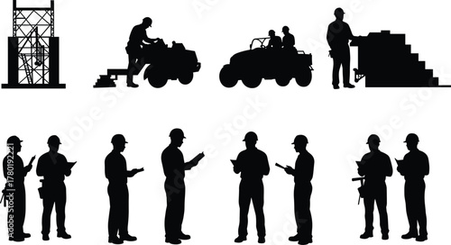 Construction workers communicating at job site with vehicles and scaffolding, professional teamwork coordinating building materials and industrial worksite operations safely