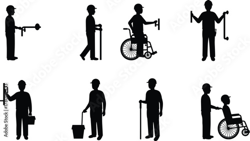 Construction workers installing accessibility equipment for disabled people, wheelchair ramp and handrail setup, inclusive design and safety improvement, disability support illustration