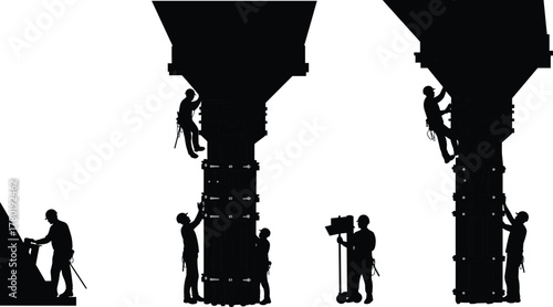 Construction workers installing concrete column formwork with scaffolding and safety gear, industrial building site engineering, structure assembly and civil infrastructure development