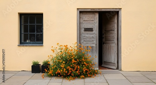 Rustic wooden door stands open beside a small window and a vibrant flower arrangement on a pale yellow wall