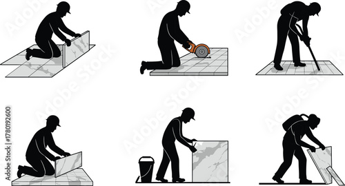 Construction workers installing floor tiles, cutting and leveling ceramic materials, professional tiling process, interior renovation, home improvement, flooring installation

