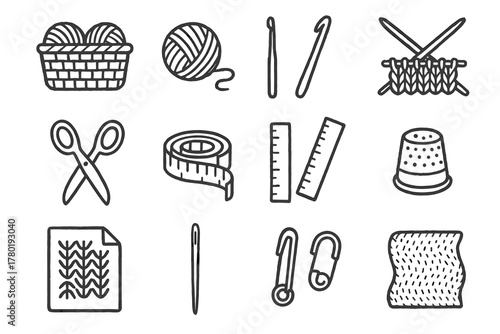 Icons needle thimble tools crafting knitting fabric stitch measuring needles ball icon