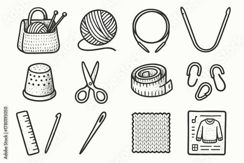 Measuring tool needles icon tape stitch vector icons thimble kit knitting hook