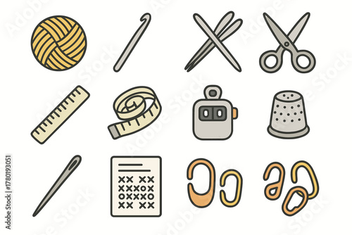 Measuring hook tape stitch icons yarn knitting set tools tapestry vector icon