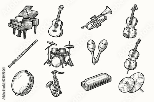 Trumpet violin icon hand acoustic guitar cymbals music saxophone drawn piano vector