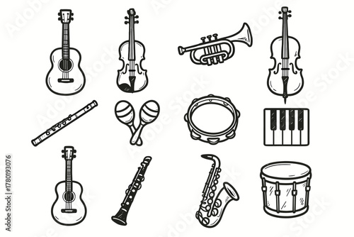 Cello music guitar piano icon keys trumpet vector tambourine acoustic collection clarinet