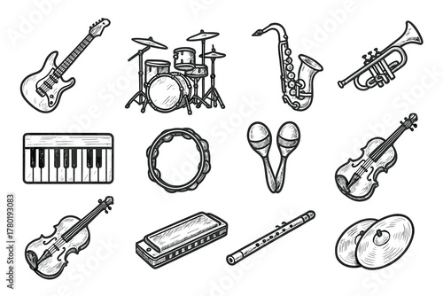 Icons cymbals drum instruments maracas piano music violin set instrument vector icon