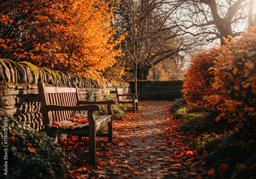 Obraz premium Park benches rest amidst autumn foliage in a UK garden