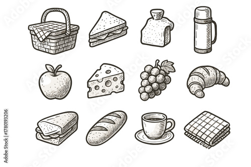 Thermos croissant picnic icon icons vector wedge basket cup cheese grapes sandwich