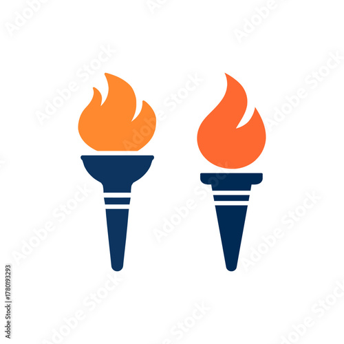 Two stylized olympic style torches with orange flames on a white background