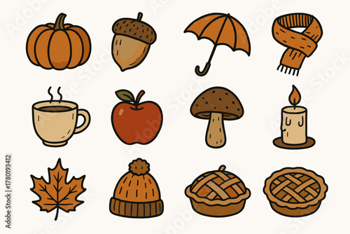 Candle tea set hat pie autumn objects scarf icon cup fall vector