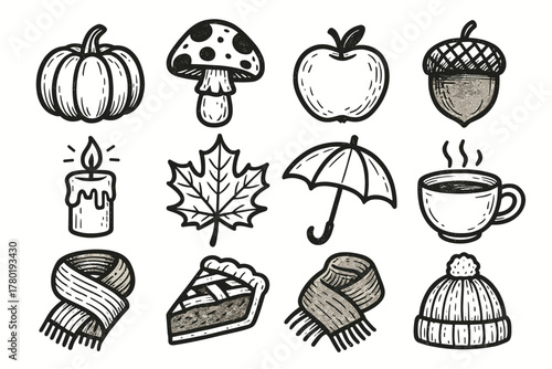 Autumn symbols icon vector umbrella pumpkin tea collection scarf mushroom cup leaf