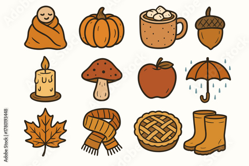 Acorn pie mushroom set scarf apple leaf autumn season icon vector mug