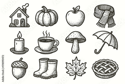 Vector mushroom candle icons icon apple tea scarf cup set autumn pie