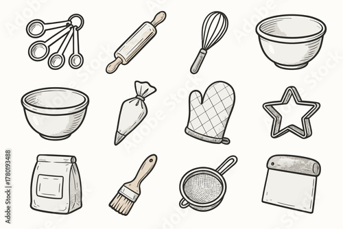 Sieve mixing mitt icons scraper vector bag flour icon rolling baking spoons