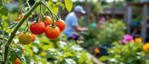 Fototapeta Naklejka Na Ścianę i Meble -  Freshly Grown Tomatoes in Garden Setting with Gardener in Background Surrounded by Vibrant Flowers and Lush Greenery