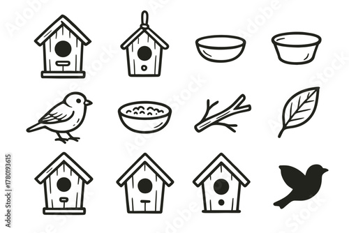 Detail set vector rope wooden twig sparrow cup feeder icon birdhouse silhouette