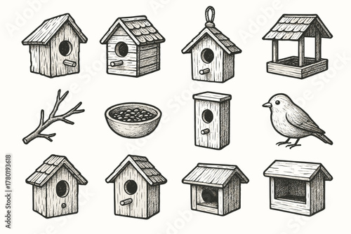 Icon shelter wooden slot vector shingles hole birdhouse hanger bird set feeder