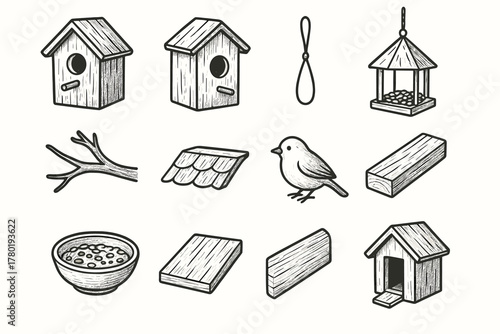 Bowl open bird birdhouse icon door vector collection seed entrance nesting