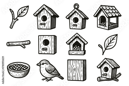 Vector seed hole wood bowl collection sparrow icon leaf bird birdhouse rope