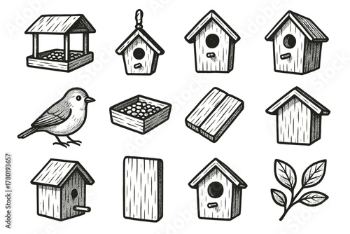 Vector box garden icon house tree detail perch hanging set birdhouse