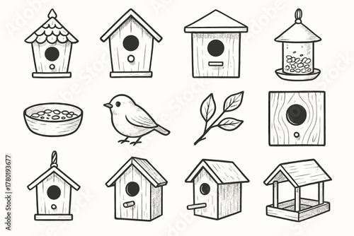 Birdhouse tiny small round seed icon vector set perch branch hanging hole