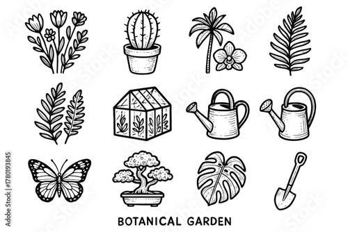 Botanical greenhouse collection garden fern bench vector potted icon cactus orchid shovel