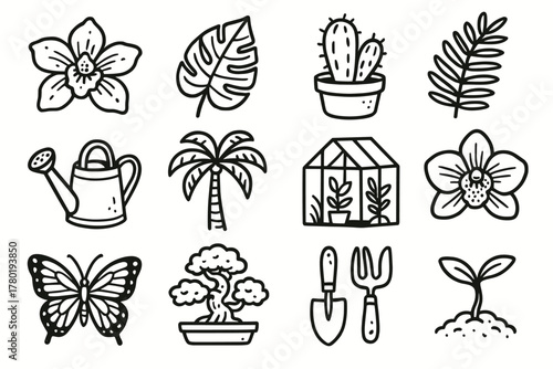 Bonsai icon pot can botanical set leaf garden palm vector tropical tree