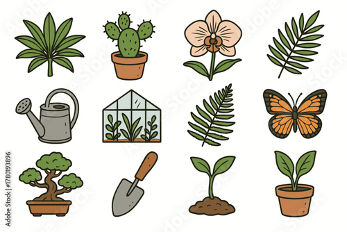 Tropical garden seed icons sprout vector greenhouse set icon shovel botanical can
