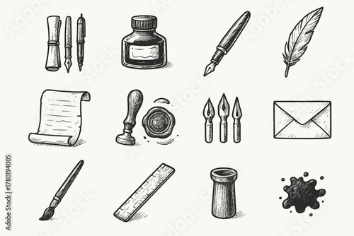 Vector writing pen icons ink envelope calligraphy blot holder grid icon nibs