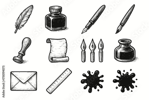Brush vector stamp bottle elegant pen wax tools icon blot calligraphy fountain