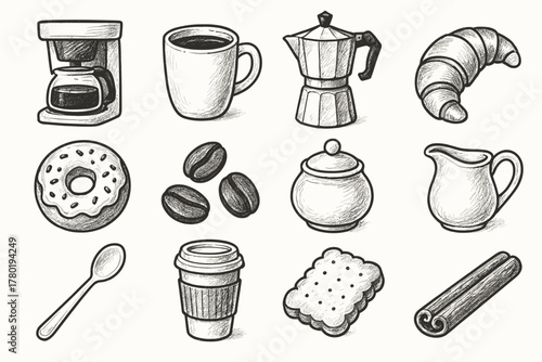 Coffee brew stick bowl icon takeaway vector croissant sugar set biscuit